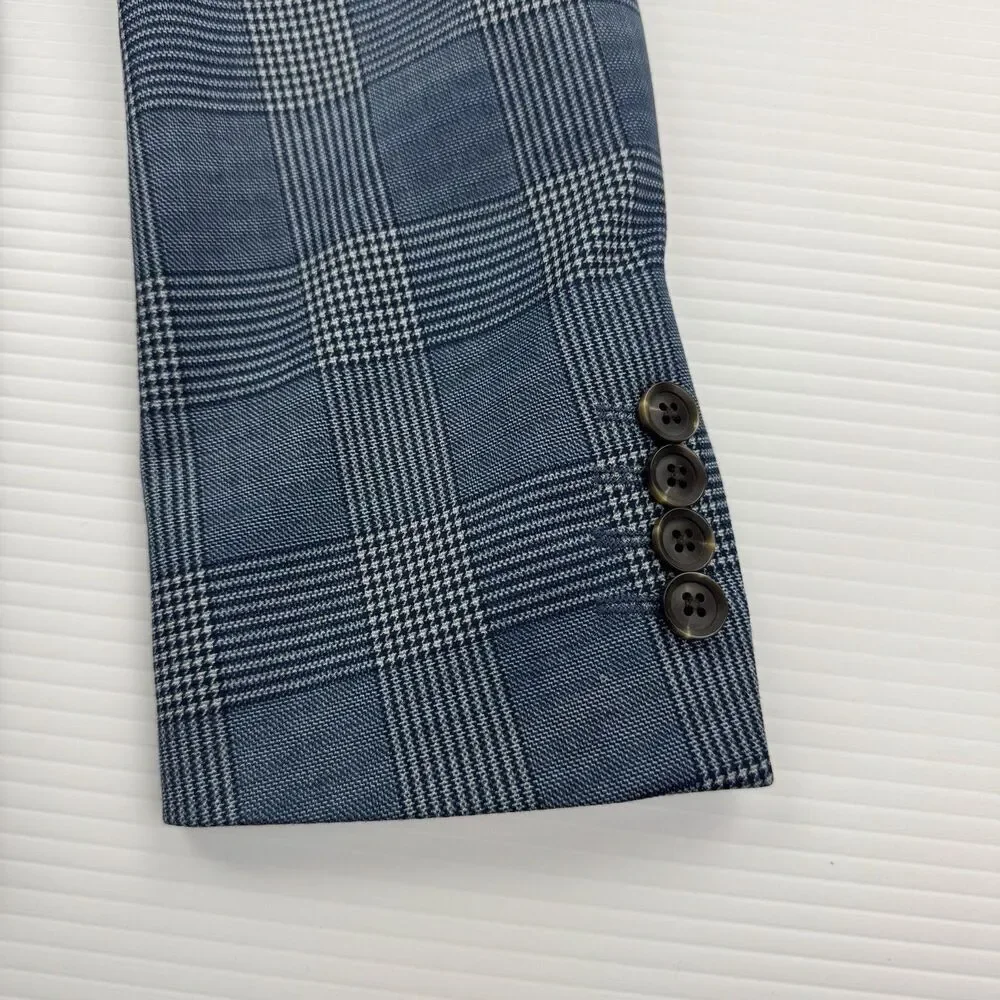 J Ferrar Slim Fit Sport Coat 34R Blue Plaid Windowpane Stretch Blazer Mens